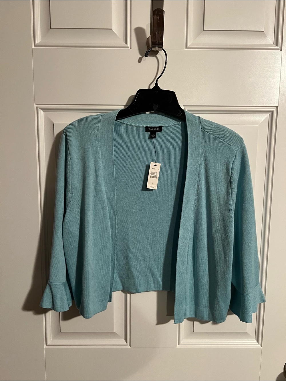 Talbots Sea Foam Green Front Ruffle Sleeve Cardigan
